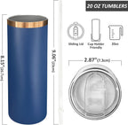 20 oz Skinny Tumblers Bulk 8 Pack, Stainless Steel Insulated Tumbler with Lids and Straws, Slim Double Wall Powder Coated Travel Coffee Mugs Reusable Cup for Hot Cold Drinks (Navy,8 pack)
