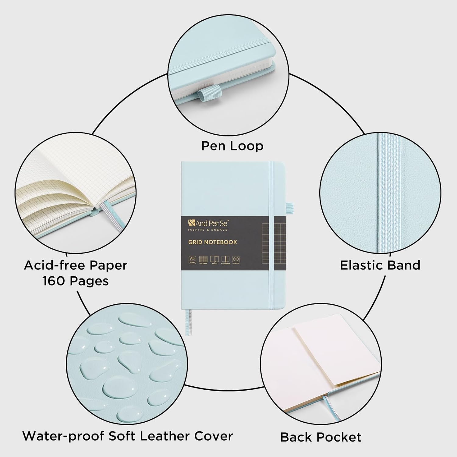 &And Per Se Graph Journal Notebook, 160 Pages, 5.7 x 8 inches College Ruled Thick Paper Notebook Journals for Writing, Grid Hardcover Notebook(1 Pack, cyan)