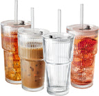 20oz Ribbed Glass Tumblers with Lids & Straws, Ideal for Iced Coffee, Cocktails & More - Includes Cleaning Brush