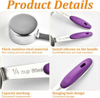 10 Pcs 1/4 Measuring Cup, 2 Oz Stainless Steel Scoop with Silicone Handle, Metal Mini Measuring Scoops Kitchen Gadgets for Cooking Baking,Coffee Bean Pet Food,Ingredients,Purple