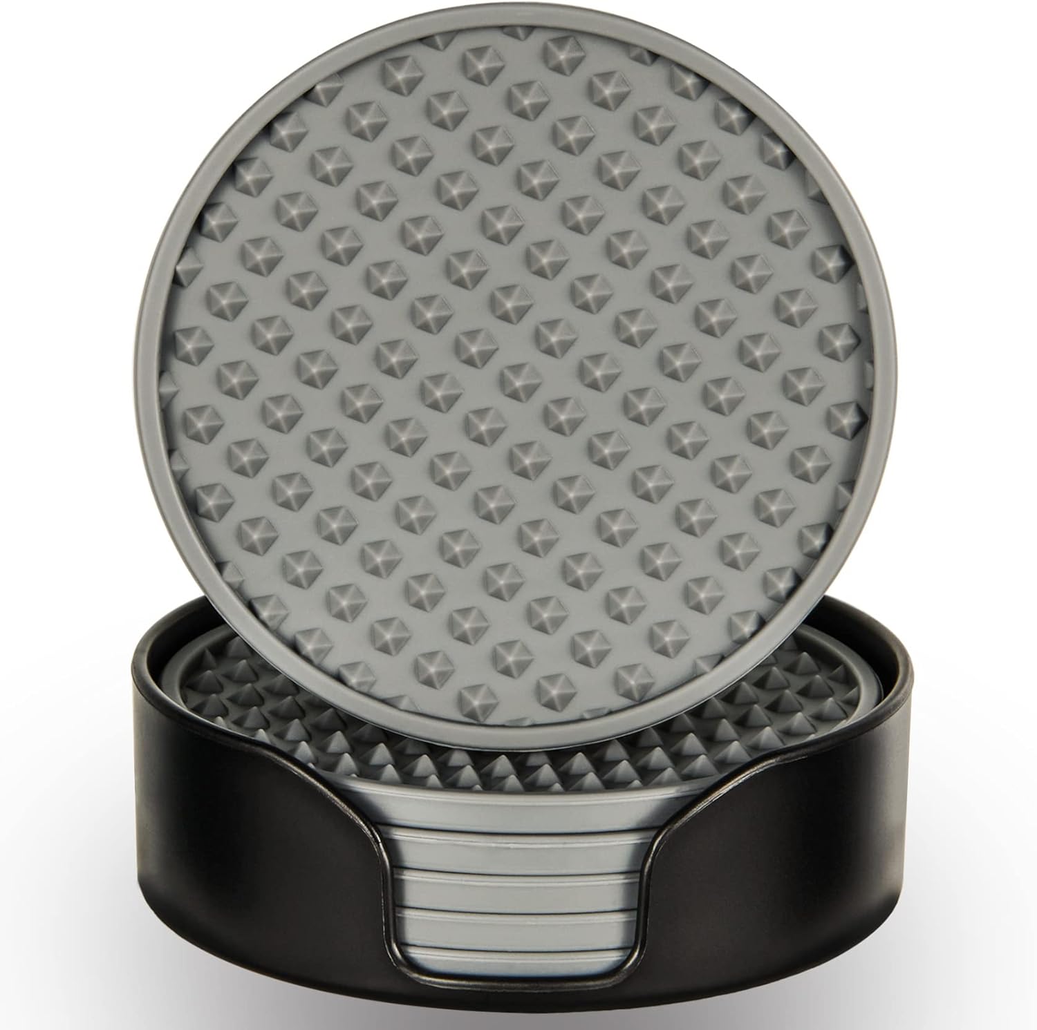 Coasters for Drinks 6 Pcs Drink Coaster with Holder,Heat Resistant Silicone Cup Mat Tabletop Protection,Non-Slip Rubber Coasters for Kinds of Cups (Grey)