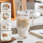 KEMORELA Glass Cups with Lids and Straws 2PCS, 24oz Clear Tumblers with Handle, Reusable Drinking Glasses for Iced Coffee, Tea, Water, Leak Proof Lid, Dishwasher Safe