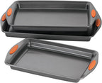 Rachael Ray Nonstick Bakeware Set with Grips, Nonstick Cookie Sheets / Baking Sheets - 3 Piece, Gray with Orange Grips