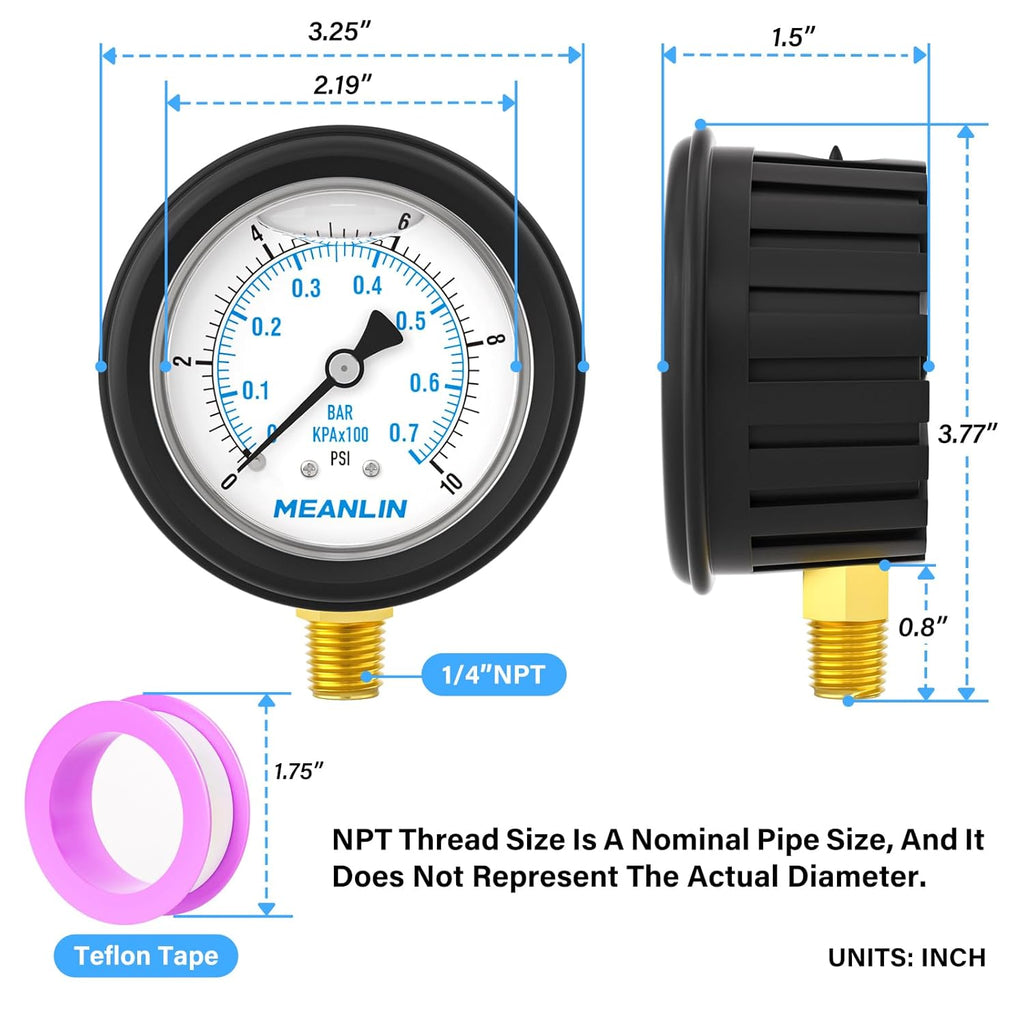 MEANLIN MEASURE 0~10Psi Stainless Steel Liquid Filled Pressure Gauge 1/4" NPT 2.5" FACE DIAL with Rubber Protective Sleeve, Lower Mount