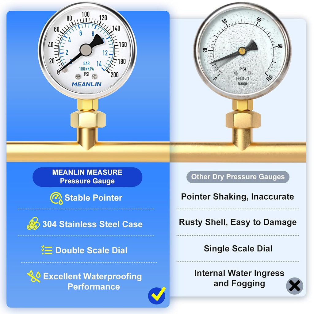 MEANLIN MEASURE 0~200Psi Dry Pressure Gauge Stainless Steel 1/4" NPT 2" FACE DIAL Waterproof for Air Compressor Air Regulator Water Filter Lower Mount, with 1/2" NPT and 3/8" NPT Hex Bushing