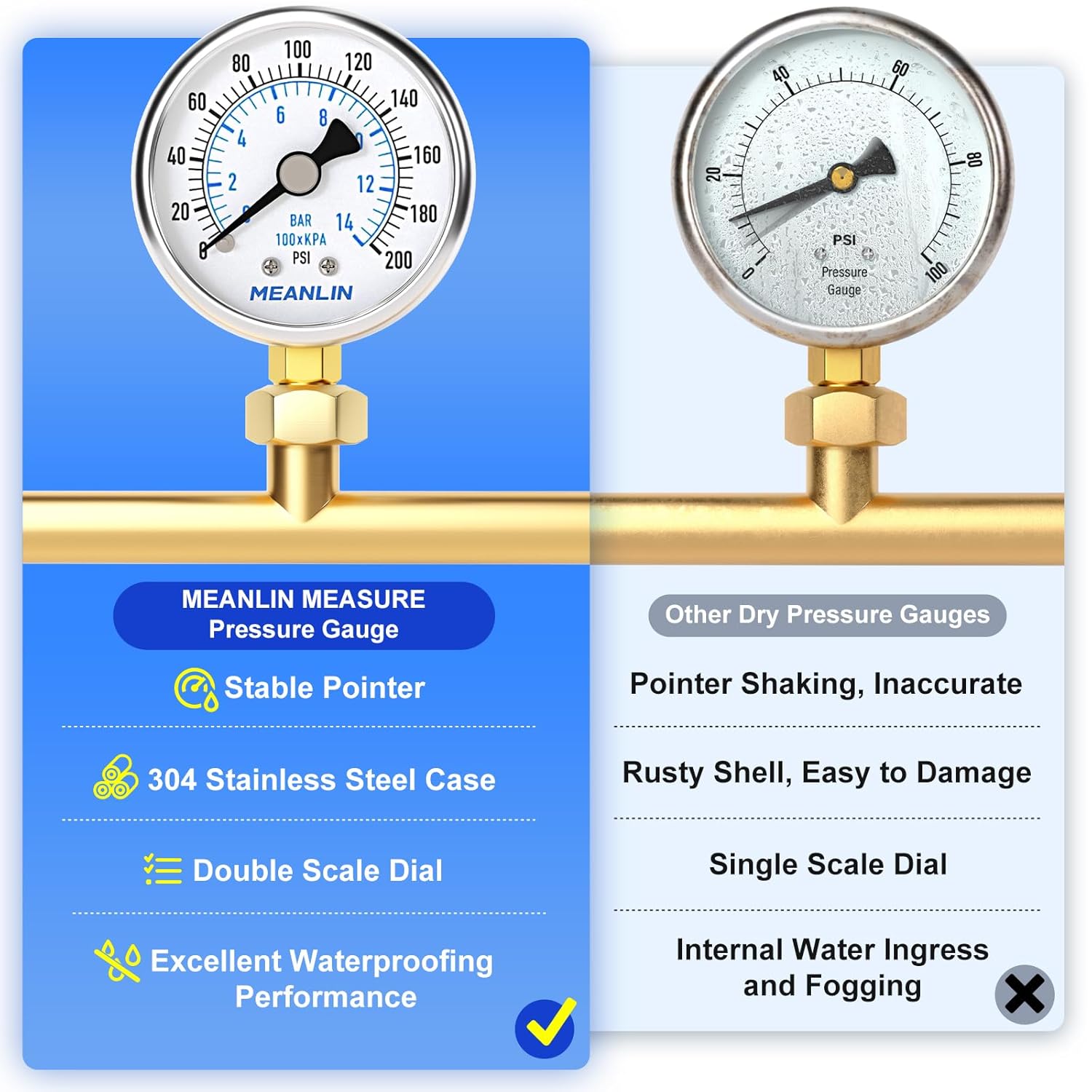MEANLIN MEASURE 0~200Psi Dry Pressure Gauge Stainless Steel 1/4" NPT 2" FACE DIAL Waterproof for Air Compressor Air Regulator Water Filter Lower Mount, with 1/2" NPT and 3/8" NPT Hex Bushing