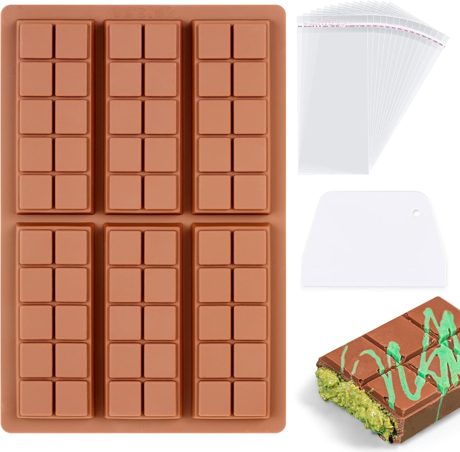 1 Pc Chocolate Bar Mold Deep Dubai Stuffed Silicone Molds for Filling Knafeh Pistachio Chocolate Bar and Wax Melts Rectangle Thick Candy Bar Molds Break Apart (10 Snap）