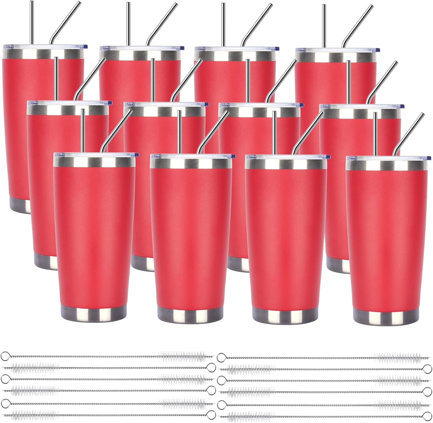 Pandance 20oz Stainless Steel Insulated Tumblers with Lid and Straw Bulk, Double Wall Vacuum Water Cups for Hot & Iced Coffee Drinks Travel Mug (Red, 12 pack)