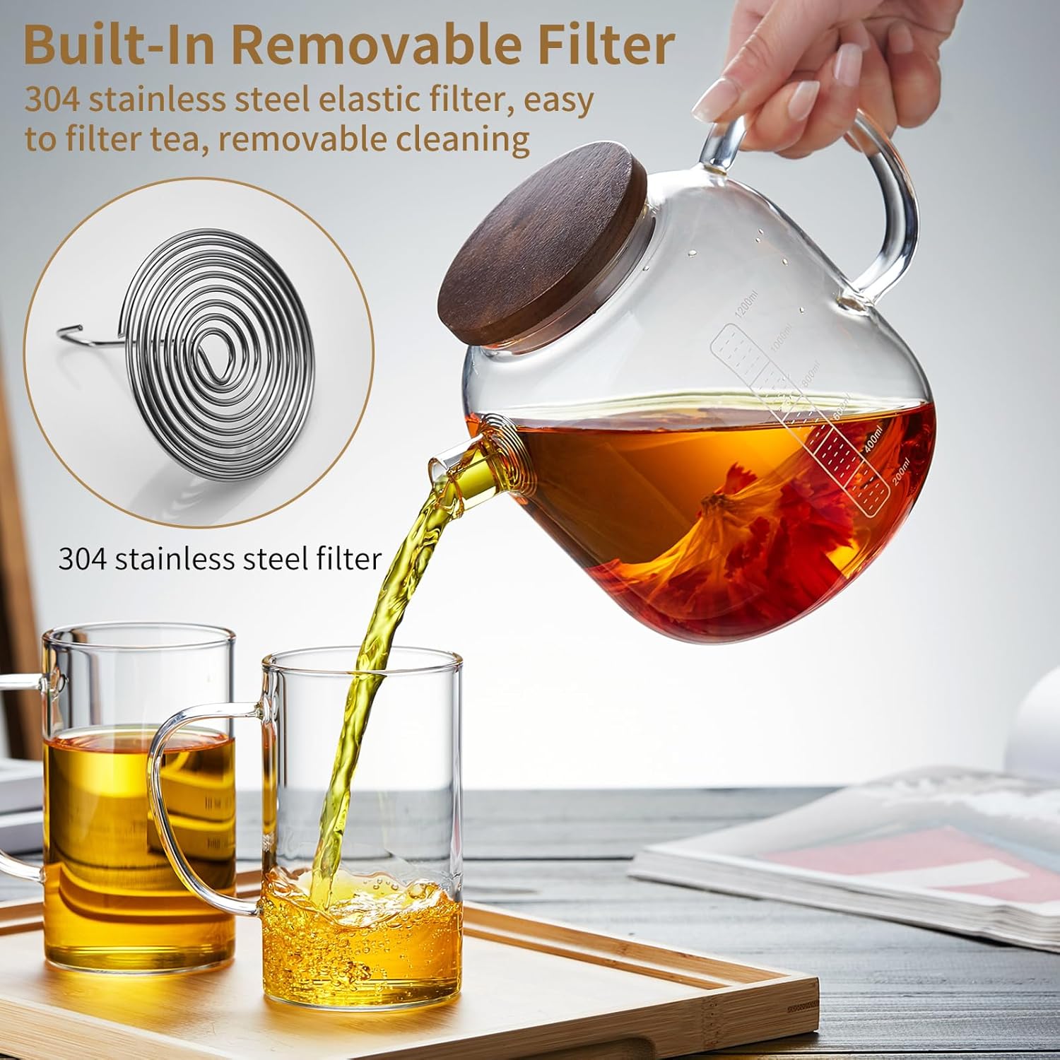 Glass Pitcher with Lid and Spout, 40OZ Glass Water Jug, Glass Carafe for Hot/Cold Water, 1200ml Glass Water Pitcher for Fridge, Glass Teapot, Large Iced Tea Pitcher for Homemade Beverage