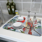 Winter Cardinals Dish Drying Mat for Kitchen Counter - Absorbent Reversible Microfiber Pad, Drainer Rack for Coffee Bar, 18x24 Inch, Red