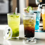 20oz Ribbed Drinking Glasses with Lids and Glass Straws-Thickened Glass cup -Vintage glass straw cups- Ideal for Iced Coffees, Cocktails, Juices, Family Use and Parties (4)