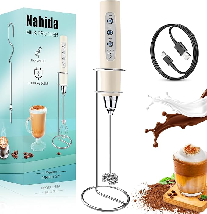 Nahida Beige Milk Frother Wand for Coffee,Handheld Rechargeable Electric Whisk with Stand