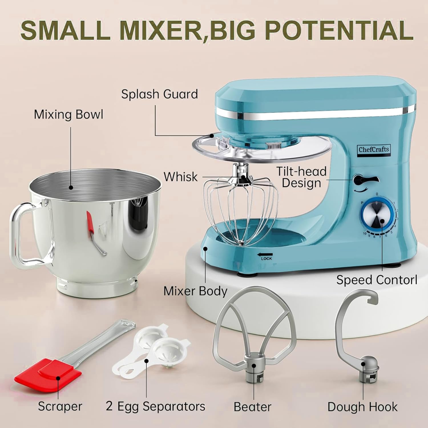 Electric Stand Mixer with 6.5 Quart Bowl, Household Food Mixer 10+p Speeds 660W, Kitchen Tilt-Head Bread Dough and Cake Mixers with Dough Hook, Whisk, Beater, Splash Guard and Egg Separator (Blue)