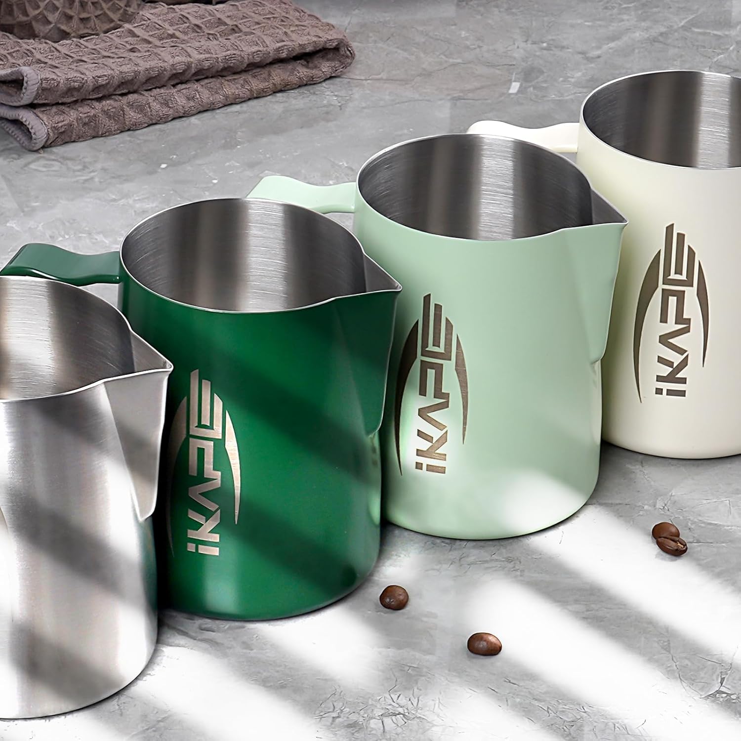 IKAPE Espresso Milk Pitcher, Espresso Steaming Pitcher with Sharp Spout for Espresso Barista Tool, 15.4 oz/450ml Milk Frothing Jug (White)