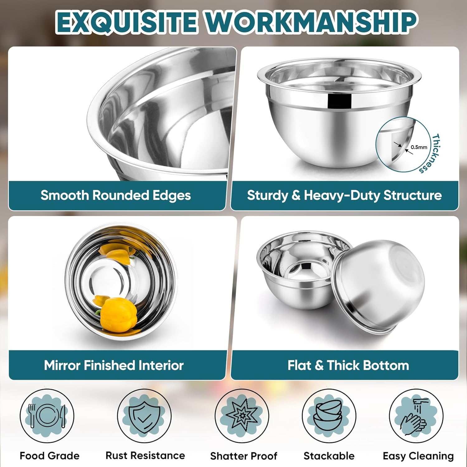 TeamFar Mixing Bowl Set of 5, Stainless Steel 4.5/3/1.5/1/0.7 QT Metal Nesting Salad Bowls with Lids, Ideal for Mixing Serving Tossing, Non-Toxic & Sturdy, Airtight Lid & Easy Clean, Blue