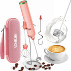 Milk Frother Handheld with 3 Stainless Steel Whisks, Rechargeable Electric Drink Mixer with Stand & Travel Case, Milk Foamer for Coffee, Latte, Cappuccino, Hot Chocolate, Egg,Jam Supplement-Pink