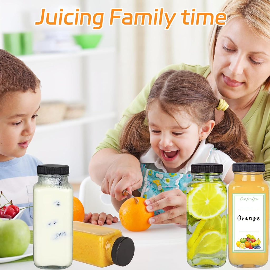 6 Pack 8oz Glass Juice Bottles with Lids, 250ml Reusable Glass Juicing Bottles, Square Drinking Jars Drink Containers with Caps for Water, Milk, Ginger, Kombucha, Beverages