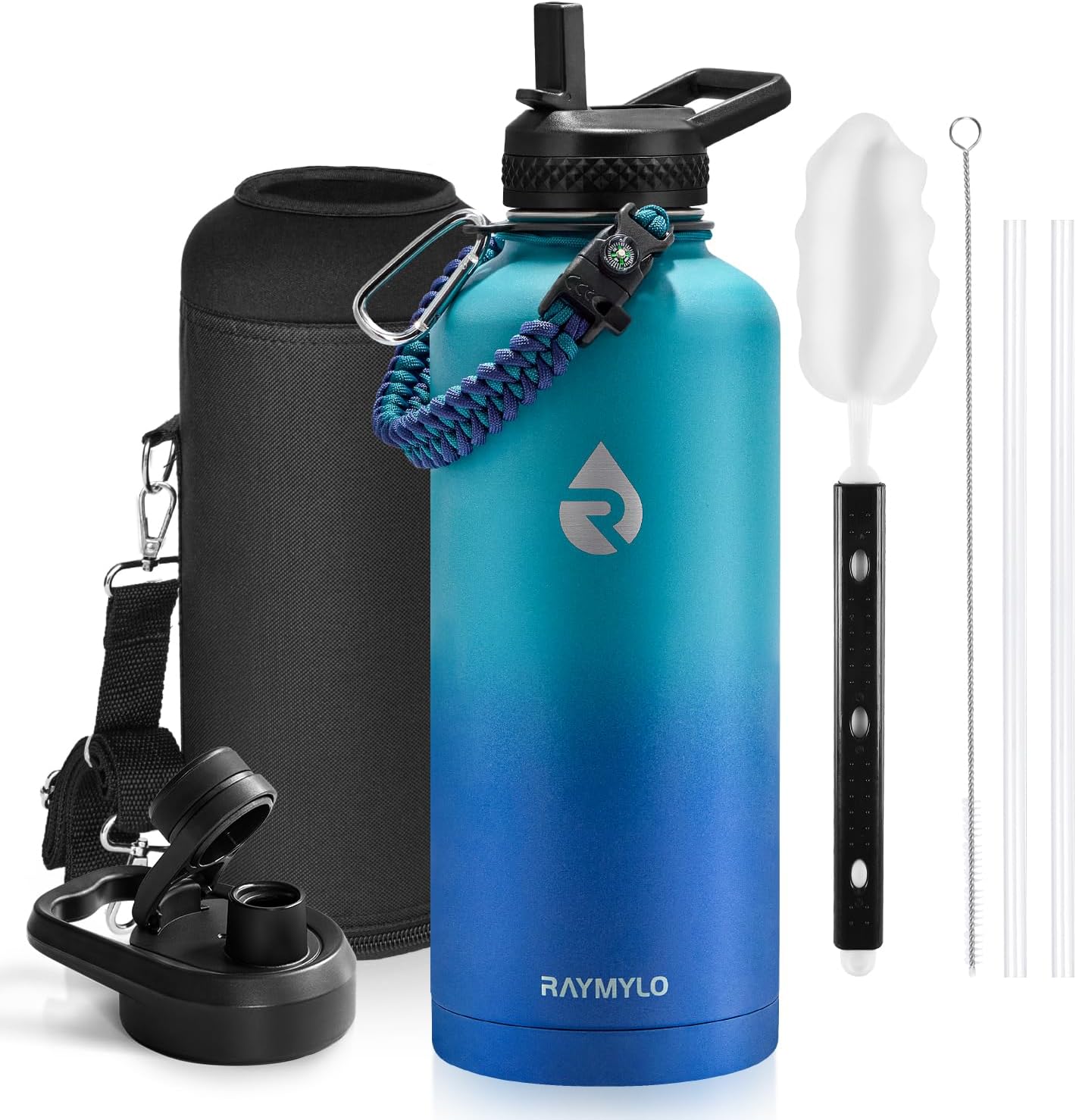 Insulated Water Bottle 87 oz, Triple Wall Vacuum Stainless Steel (Cold for 48 Hrs), Leak Proof & Non-BPA, Modern Water Flask Jug with Paracord Handle & Straw Spout Lids, Cyan Blue