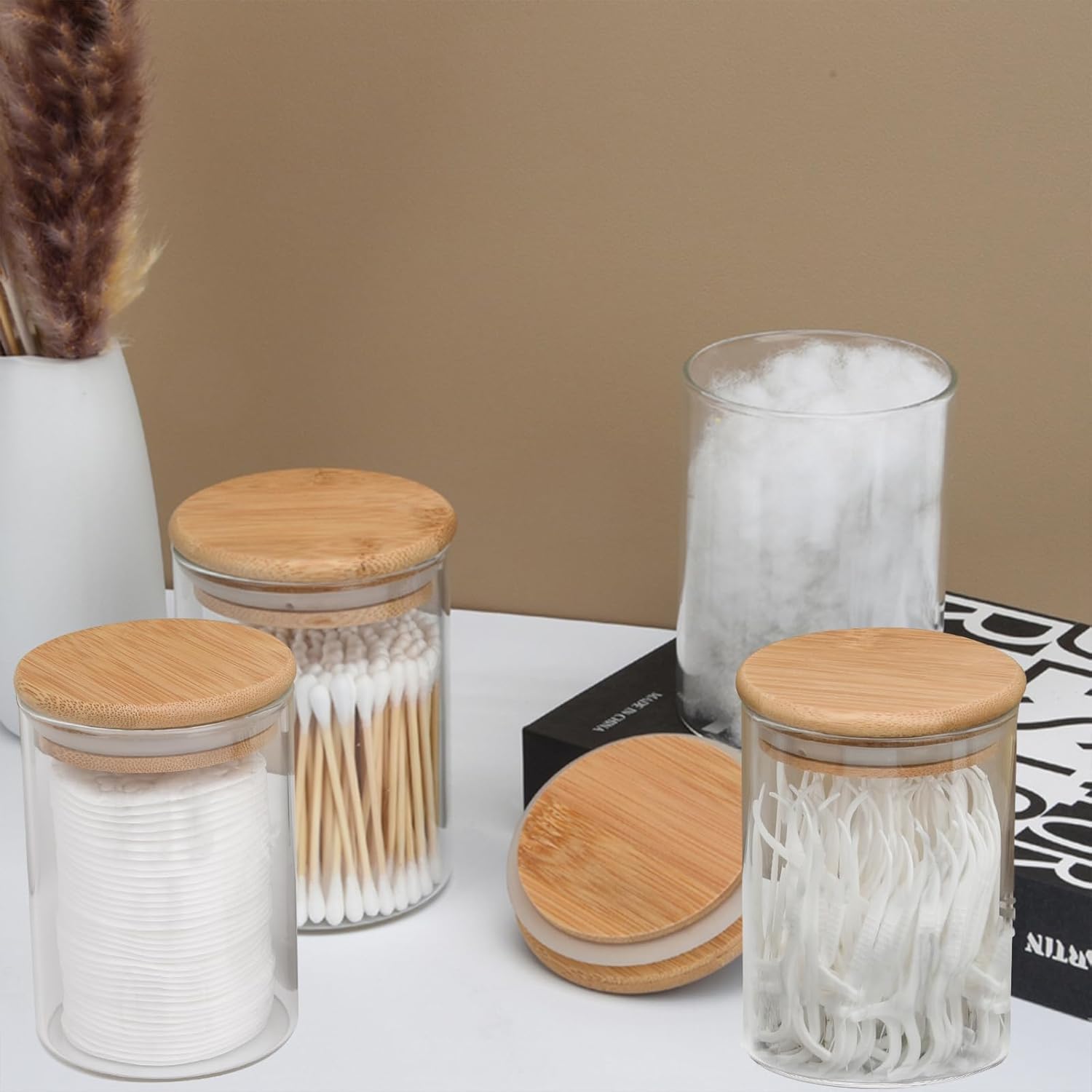 4 Pack Glass Qtip Holder Dispenser Set - Apothecary Jars with Lids for Vanity Makeup Organizer - Bathroom Canister Storage Organizer for Cotton Ball, Swab, Round Pads,Floss