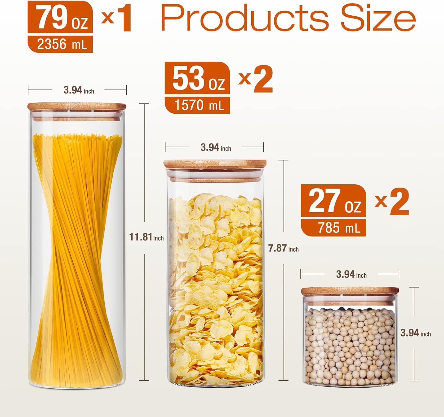 Glass Jars with Bamboo Lids [Muti Size Set of 5], Glass Canisters with Airtight Lids, Glass Food Storage Containers for Pasta, Oats, Coffee, Flour, Sugar, Rice, Best for Kitchen & Pantry