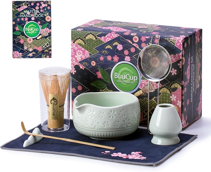 Matcha Whisk Set, Ceramic Matcha Kit Set Includes Matcha Bowl, Matcha Whisk and Holder, Bamboo Scoop, Scoop Rest, Sifter and Tea Towel - 7 Pcs Matcha Kit for Matcha Lovers (Mint)