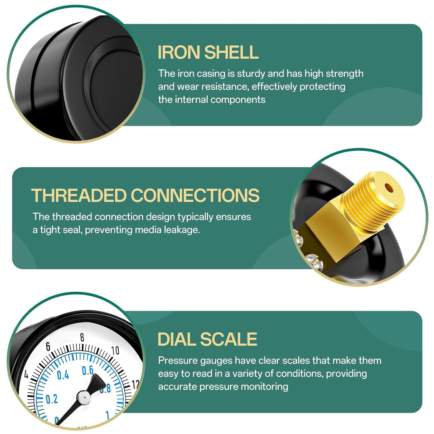 0-15PSI Well Pump Pressure Gauge 2" Dial Size, 1/4" NPT Back Mount, 3-2-3% Accuracy, for Tube, Water Pump, Gas, Liquid, Pressure Test