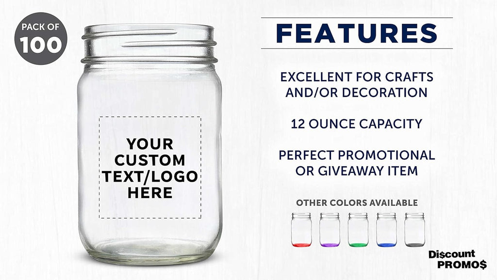 DISCOUNT PROMOS Custom Decorating Mason Jars 12 oz. Set of 100, Personalized Bulk Pack - Glass Jars for Overnight Oats, Candies, Fruits, Pickles, Spices, Beverages - Clear