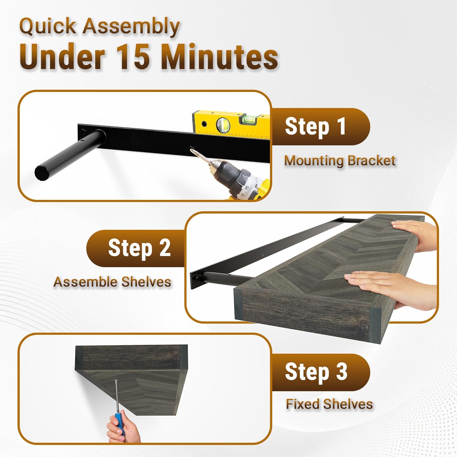 48" Rustic Farmhouse Floating Shelves – Set of 2 Acacia Wood Shelves for Stylish Wall Decor in Kitchen, Bathroom, Unique Chevron Pattern, Mocha Color, 48x8x1.5 Inches - Set of 2 - DIY