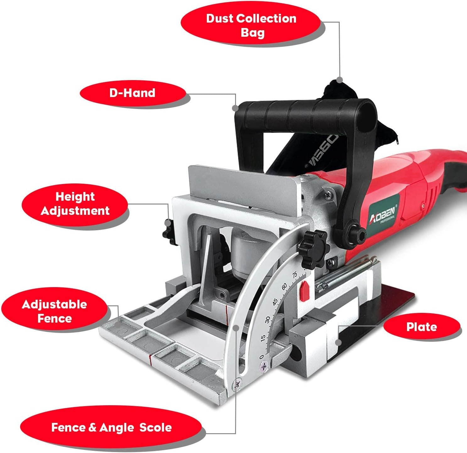 AOBEN Biscuit Cutter Plate Joiner 8.5 Amp With No. 0 Wood(30 Pcs) No. 10 Wood(30 Pcs) No. 20 Wood(50 Pcs), 4" Tungsten Carbide Tipped Blade, Adjustable Angle And Dust Bag