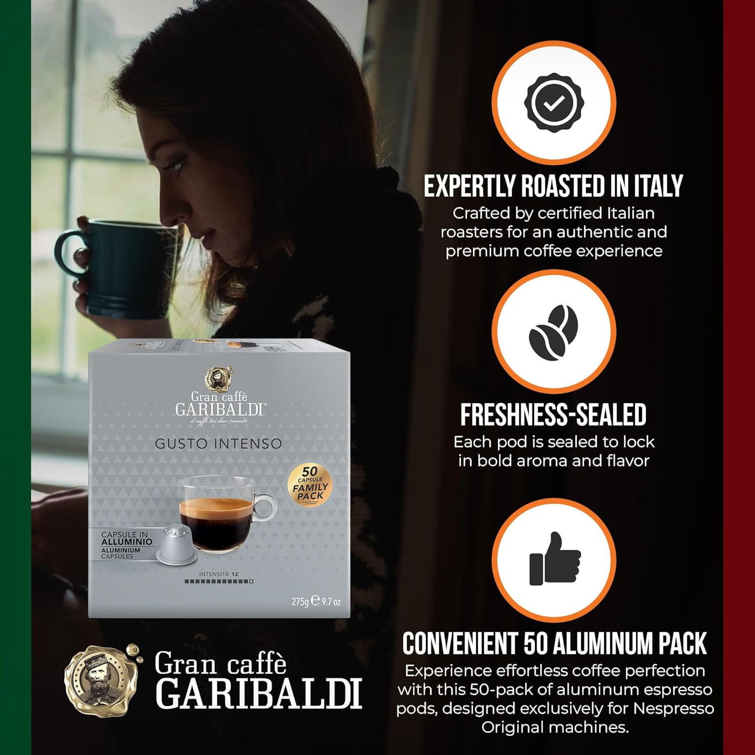 Gran Caffè Garibaldi Espresso Pods, Italian Roasted Coffee, Compatible Nespresso Original Line Machines, Nitrogen Flushed, Strong & Intense, Cocoa & Dried Fruit, Dark Roast - Gusto Intenso (Aluminum) 50 Cups