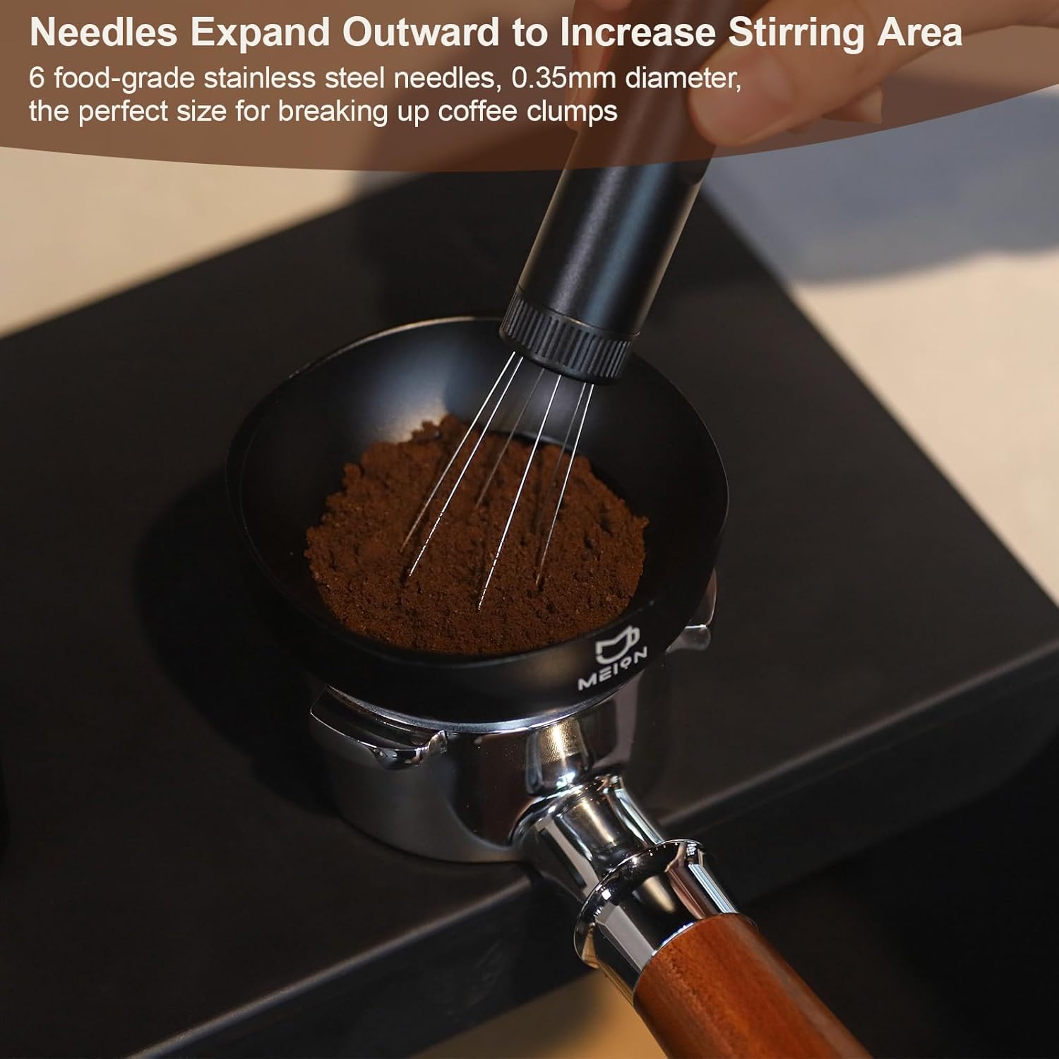 MEION Retractable WDT Espresso Distribution Tool Espresso Stirrer Tools, 0.35mm 6 Needles Coffee Distributor with Extra 6 Replaceable Needles, Espresso Machine Accessories for Barista (Black, V2)