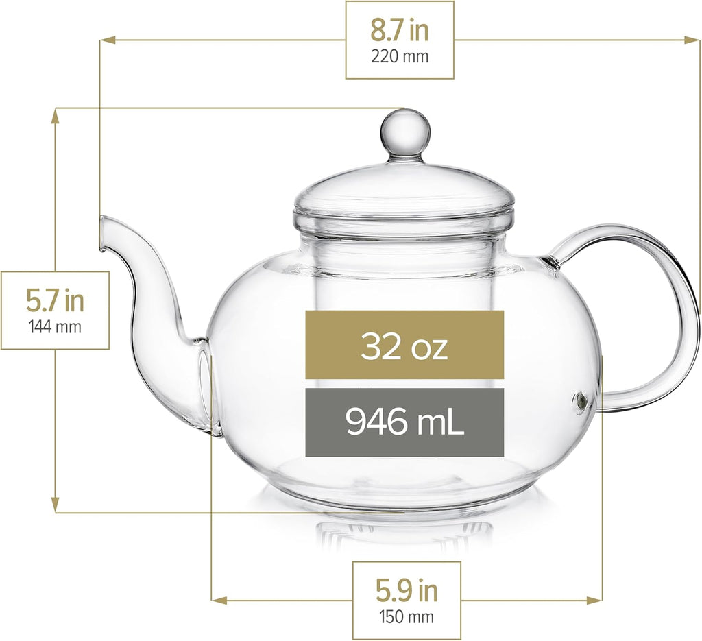 Teabloom Blossoms Glass Teapot – Stovetop and Microwave Safe Borosilicate Glass Teapot with Removable Loose Tea Glass Infuser (32 Oz) - Tea Purist's Choice