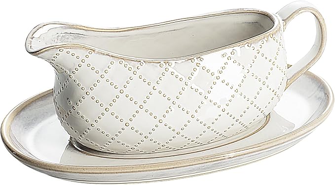 Getstar Gravy Boat with Saucer, Cranberry Sauce Dish Thanksgiving, Ceramic Gravy Dish Bowl, Microwave & Dishwasher Safe (Embossed Checks)