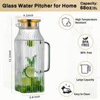 Square Glass Pitcher with Lid and Spout,68 oz/2 Liter Vertical Stripes Water Pitcher for Fridge, Borosilicate Glass Water Carafe for Cold Brew, Coffee, Lemonade, Sun Tea,Heat Resistant