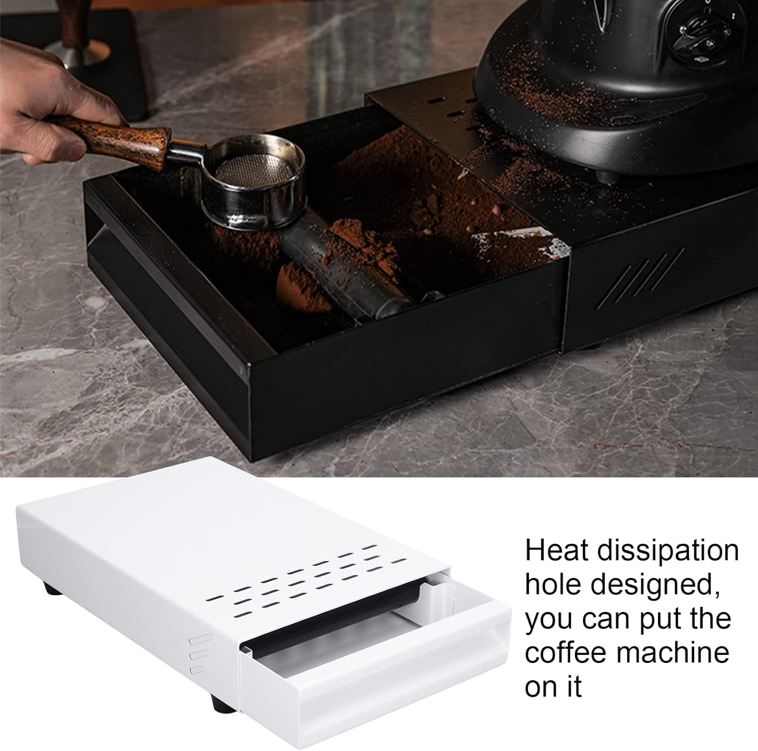 Stainless Steel Coffee Knock Box Drawer with Non Slip Feet, Rubber Lever, for Household Shop, Easy to (White)