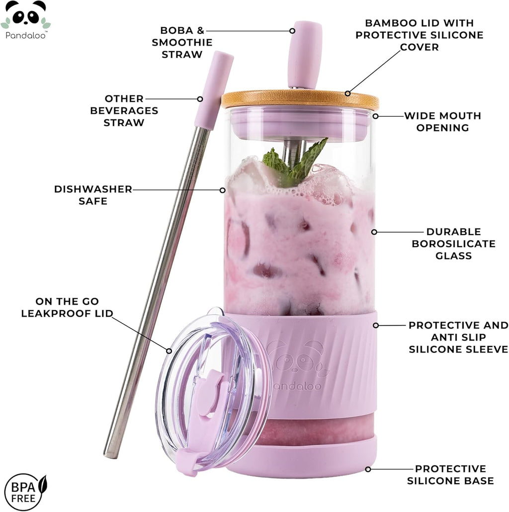 Pandaloo® Glass Cups With Lids and Straws -20 Fl Oz- Perfect Size Iced Coffee Cup - Smoothie Cup With Bamboo Lid and On the go Lid - Glass Tumbler With Straw (1 Count (Pack of 1), Lilac Rhapsody)