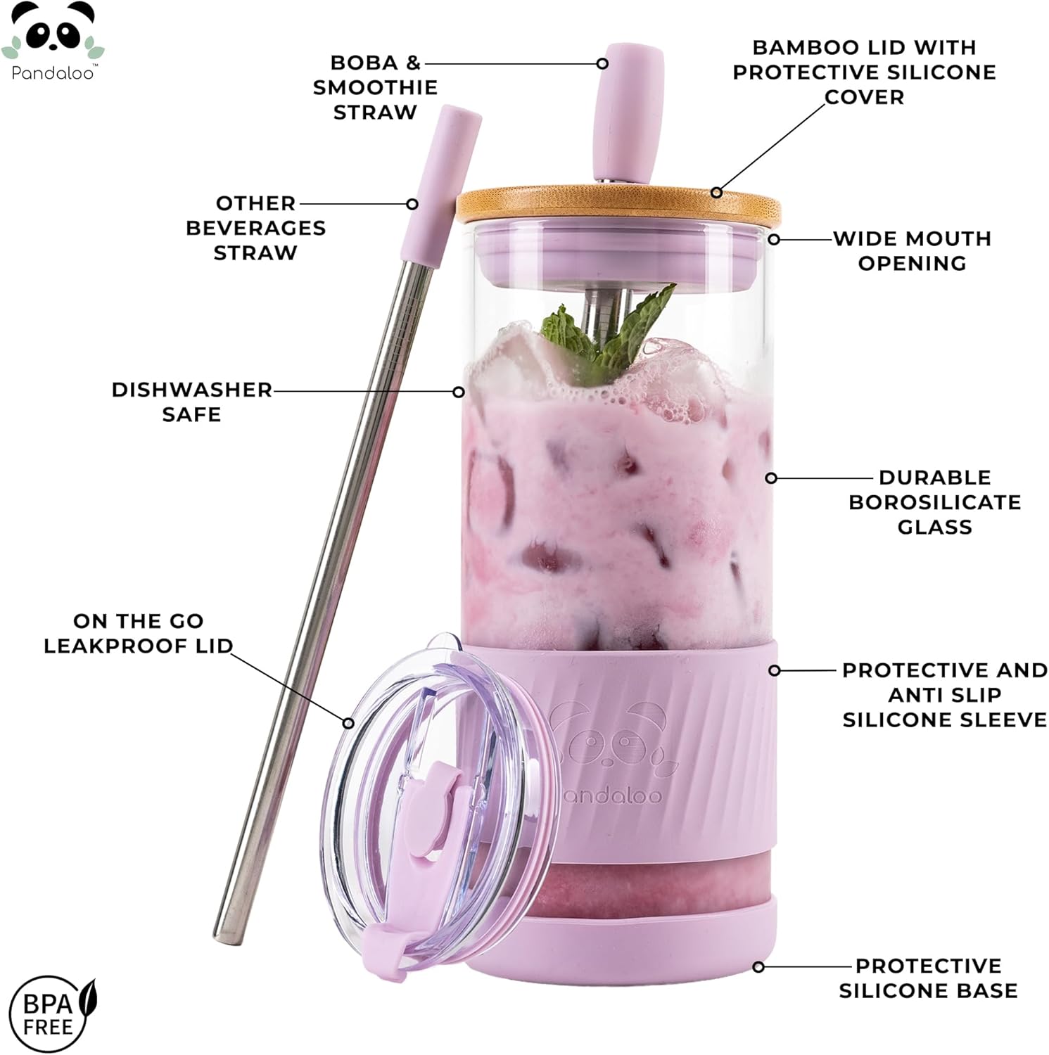 Pandaloo® Glass Cups With Lids and Straws -20 Fl Oz- Perfect Size Iced Coffee Cup - Smoothie Cup With Bamboo Lid and On the go Lid - Glass Tumbler With Straw (1 Count (Pack of 1), Lilac Rhapsody)