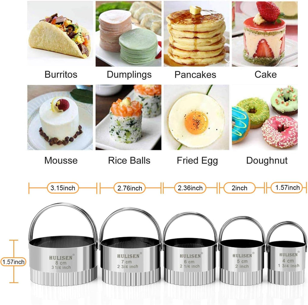 HULISEN Biscuit Cutter Set (5 Pieces/Set), Stainless Steel Round Biscuit Cutters with Handle, Wave Cookies Cutter with Fluted Edge, Professional Baking Dough Tools, Gift Package (Wave)