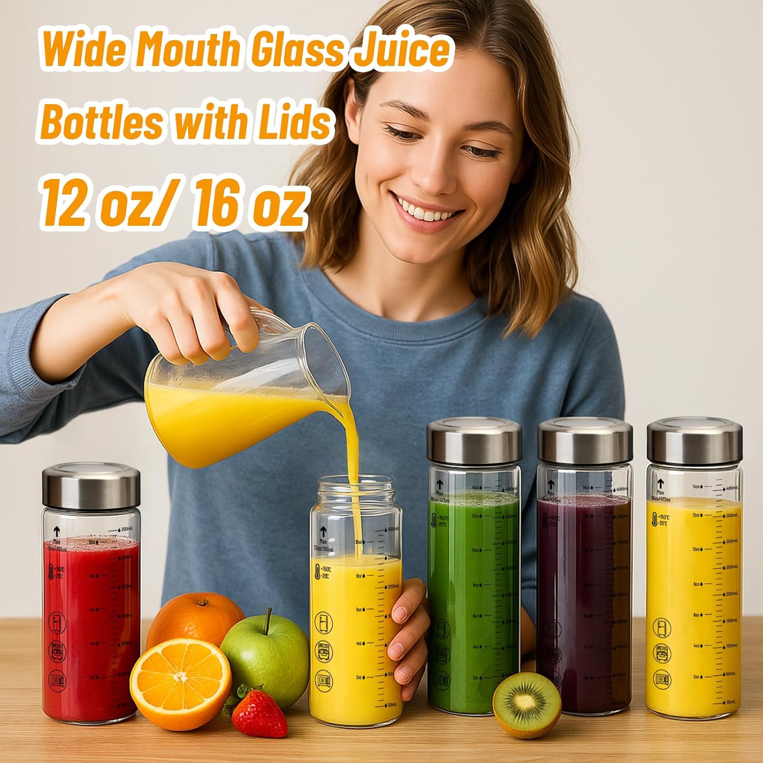 16oz Glass Water Bottles with Lids, 4 Pack Reusable Wide Mouth Juice Bottles with Stainless Steel Caps, Leakproof Borosilicate Glass for Juicing, Smoothies & Storage, BPA-Free,Dishwasher Safe