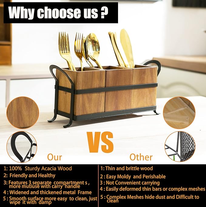 Utensil Caddy Silverware Cutlery Holder with 3 Compartment, Wooden Utensil Crock Flatware Organizers with Metal Tray, Rustic Kitchen Utensil Organizers for Farmhouse Kitchen and Countertop