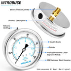 MEANLIN MEASURE 0~100Psi Stainless Steel 1/4" NPT 4" FACE DIAL Liquid Filled Pressure Gauge WOG Water Oil Air Back Mount, with 1/4" x 1/2" NPT and 1/4" x 3/8" NPT Hex Bushing