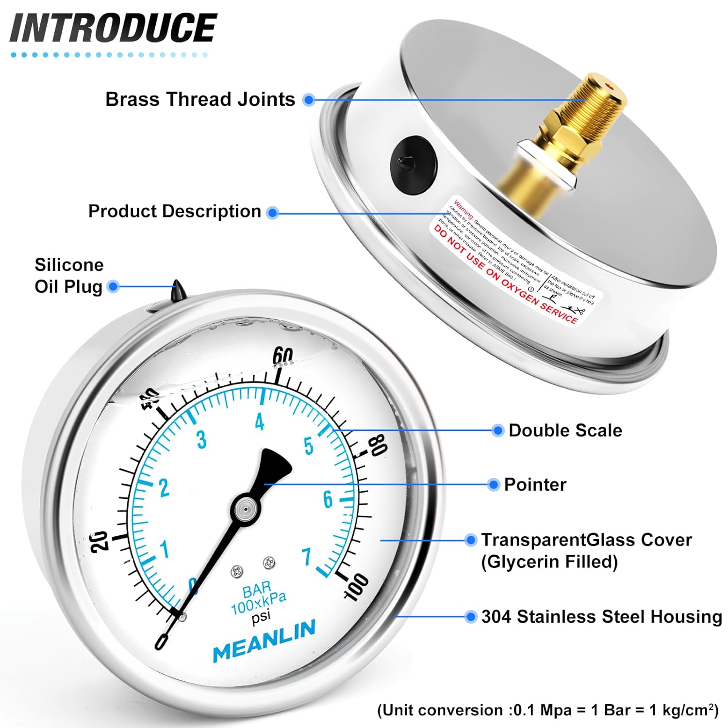 MEANLIN MEASURE 0~100Psi Stainless Steel 1/4" NPT 4" FACE DIAL Liquid Filled Pressure Gauge WOG Water Oil Air Back Mount, with 1/4" x 1/2" NPT and 1/4" x 3/8" NPT Hex Bushing