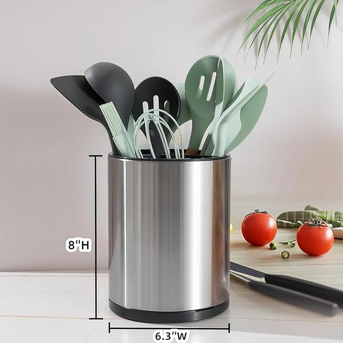 Kitchen Utensil Holder - 360° Rotating Stainless Steel Countertop Organizer (with Cleaning Brush) for Spoons, Spatulas & Cutlery Storage, Cooking Silverware Caddy with Removable Base, Silvery