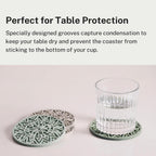 Set of 6 Olive Green Silicone Coasters with Holder, Drink Coasters with Tribal Pattern Shape- for Table Protection, Anti Slip, Nonstick, Heat Resistant, Deep Tray