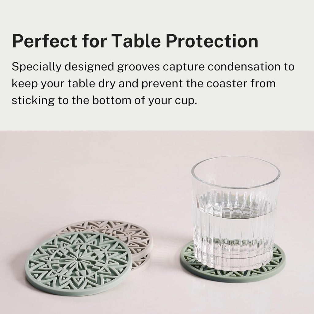 Set of 6 Light Taupe Silicone Coasters with Holder, Drink Coasters with Tribal Pattern Shape- for Table Protection, Anti Slip, Nonstick, Heat Resistant, Deep Tray