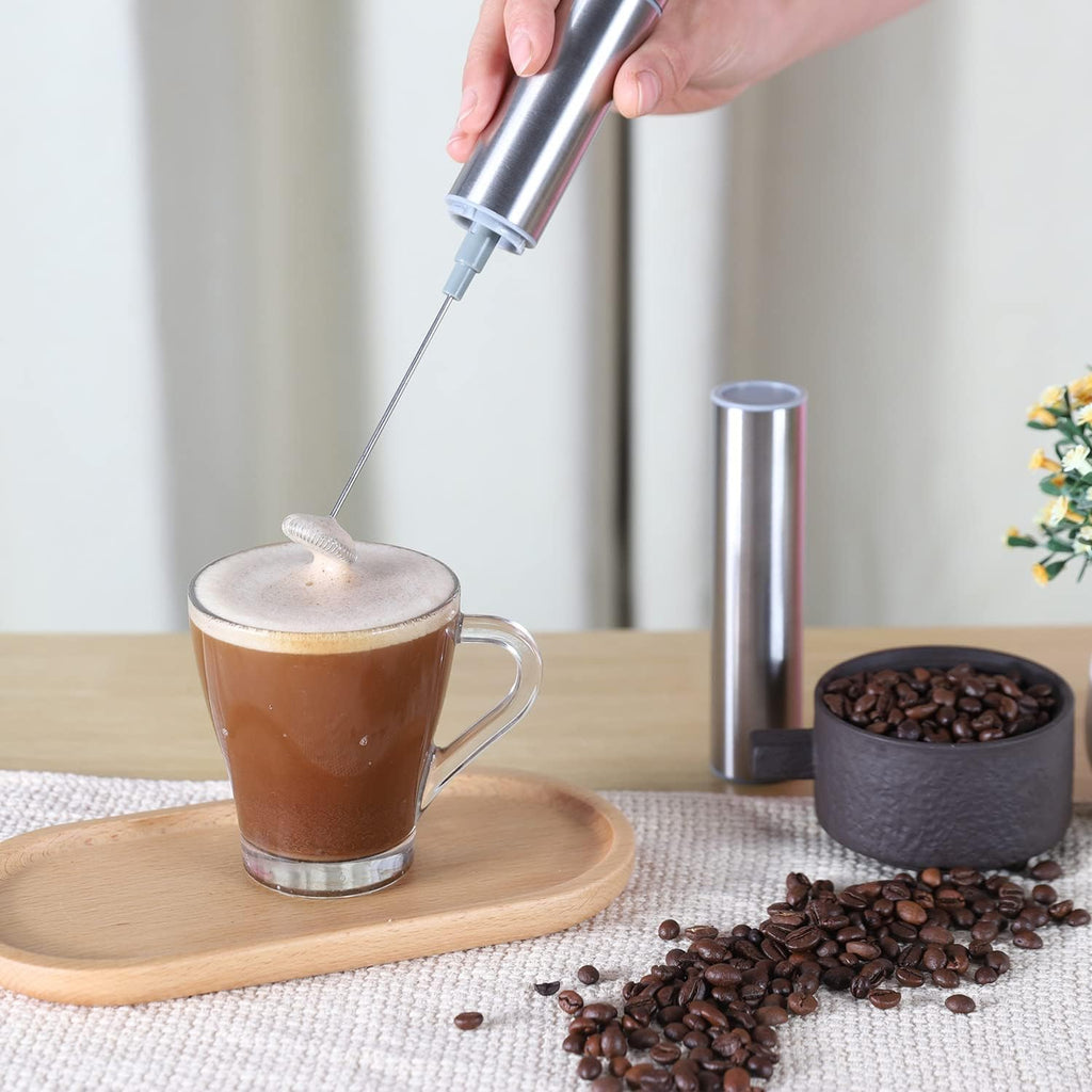 Milk Frother, Handheld Battery Operated Frother for Coffee,Portable Drink Mixer with 2 Stainless Steel Whisk Heads, Milk Foamer for Keto Coffee, Latte, Cappuccino, Hot Chocolate, Silver