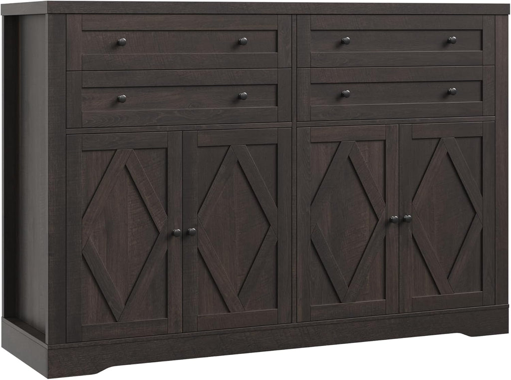 HOSTACK 55" Coffee Bar with 4 Large Drawers, 40" Tall Buffet Cabinet with Storage, Kitchen Storage Cabinet, Modern Farmhouse Sideboard Buffet, Adjustable Shelves for Living Room, Dark Brown