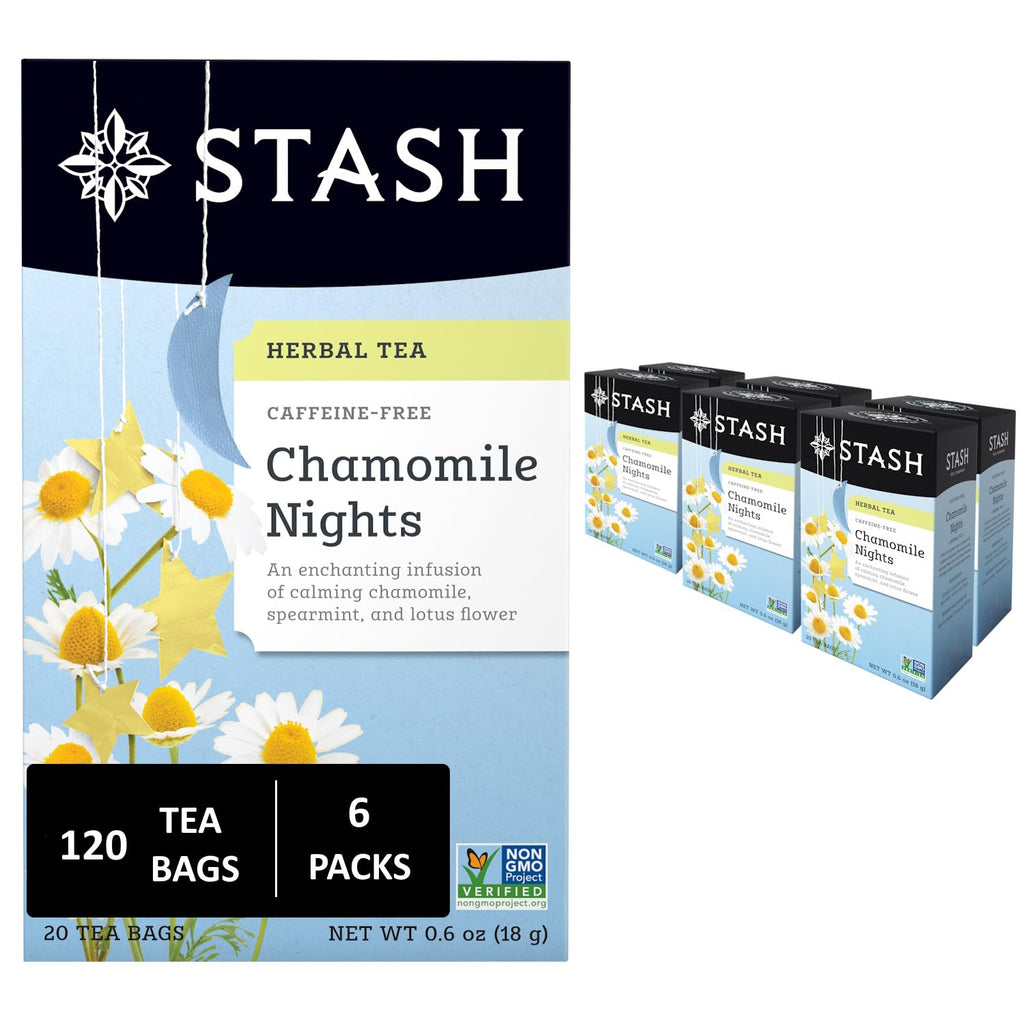 Stash Tea Chamomile Nights Herbal Tea - Naturally Caffeine Free, Non-GMO Project Verified Premium Tea with No Artificial Ingredients, 20 Count (Pack of 6) - 120 Bags Total