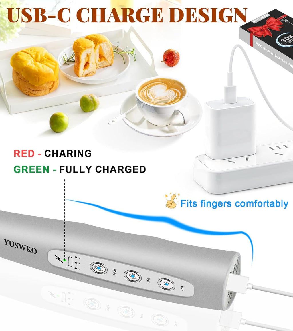 YUSWKO Milk Frother Handheld for Coffee, Rechargeable Drink Mixer with 3 Heads 3 Speeds Electric Coffee Frother Whisk, Gift for Many Occasions and Festival