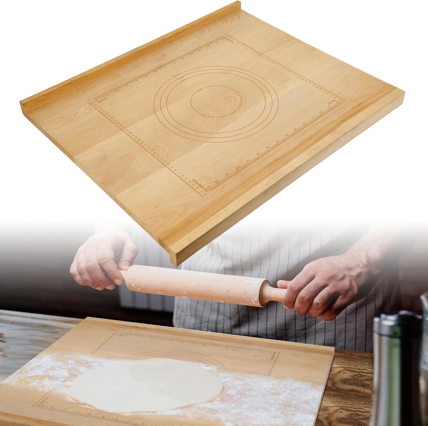 Reversible Wood Pastry Board, 20"X24"Kneading Board, Pastry Board for Rolling Dough, Pastry Board With Edge Blocking, Pasta Board Wood with Engraved Ruler for Counter Top Kitchen